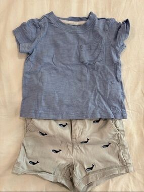 Janie and Jack Short Sleeve Tee and Light Khaki Whale Embroidered Shorts Set
